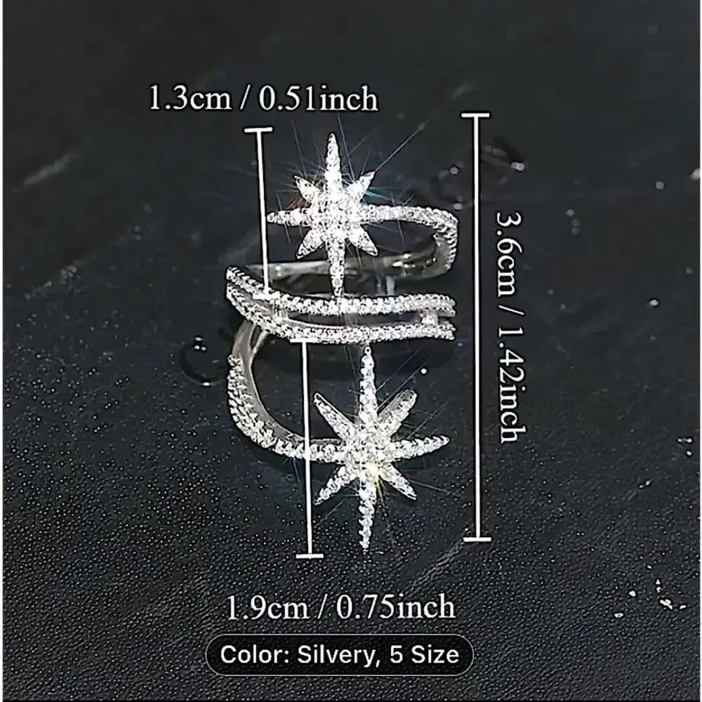 Silver Double Star Zircon Ring Celestial Moon